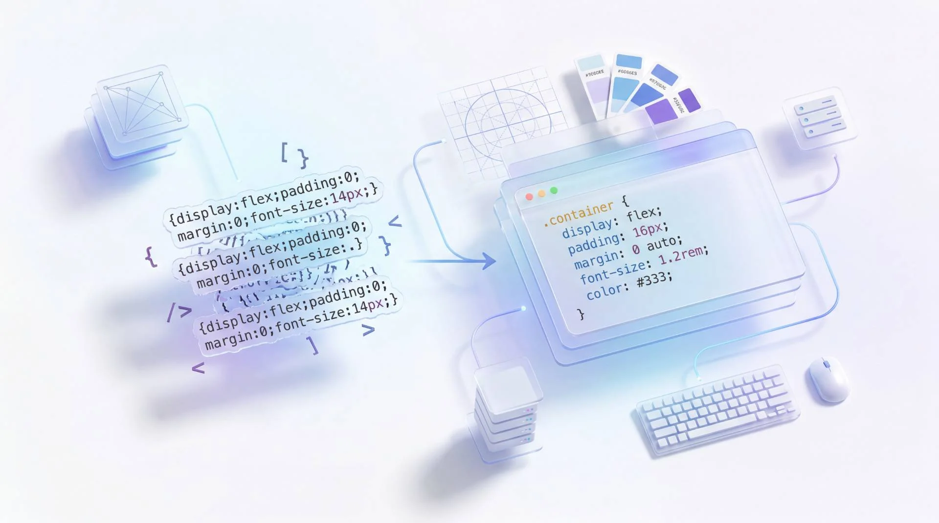 CSS beautifier illustration displaying formatted stylesheet code, design grids, floating UI elements, and a modern white coding environment.